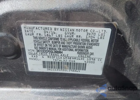 2016 Nissan Versa Note S (Sr)/S Plus/Sl/Sr/Sv z USA, uszkodzony, nr VIN 3N1CE2CP2GL398864